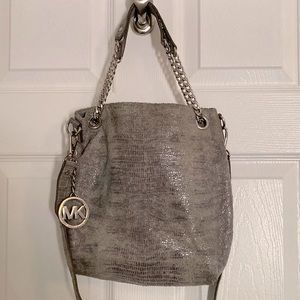 MICHEAL KORS Crossbody Handbag Distressed Snakeskin Silver with Silver Hardware